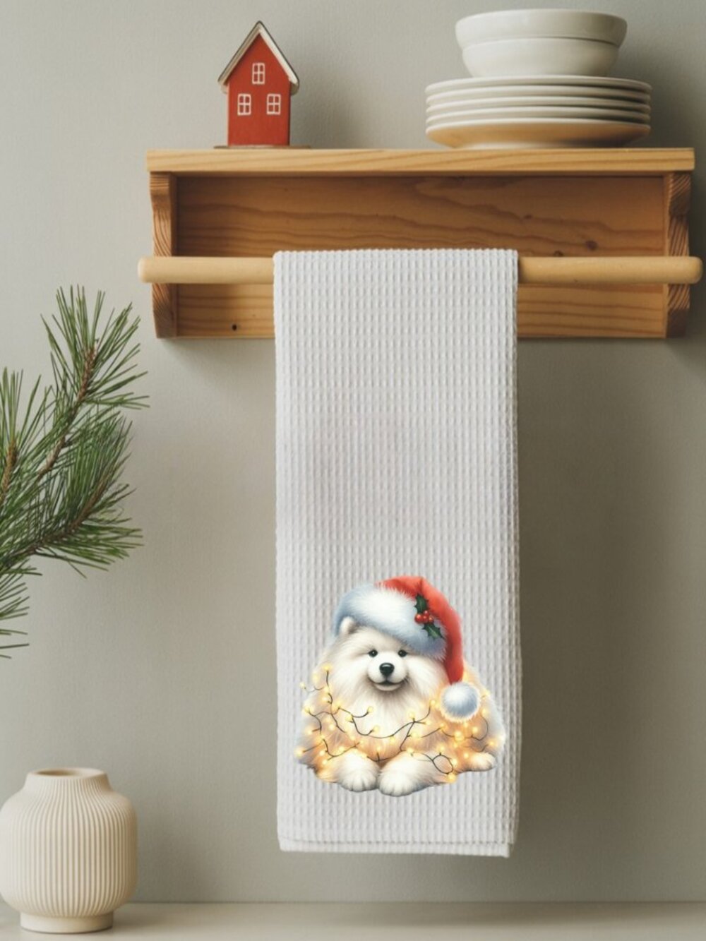 Samoyed Christmas Lights Decorative Kitchen Tea Towel